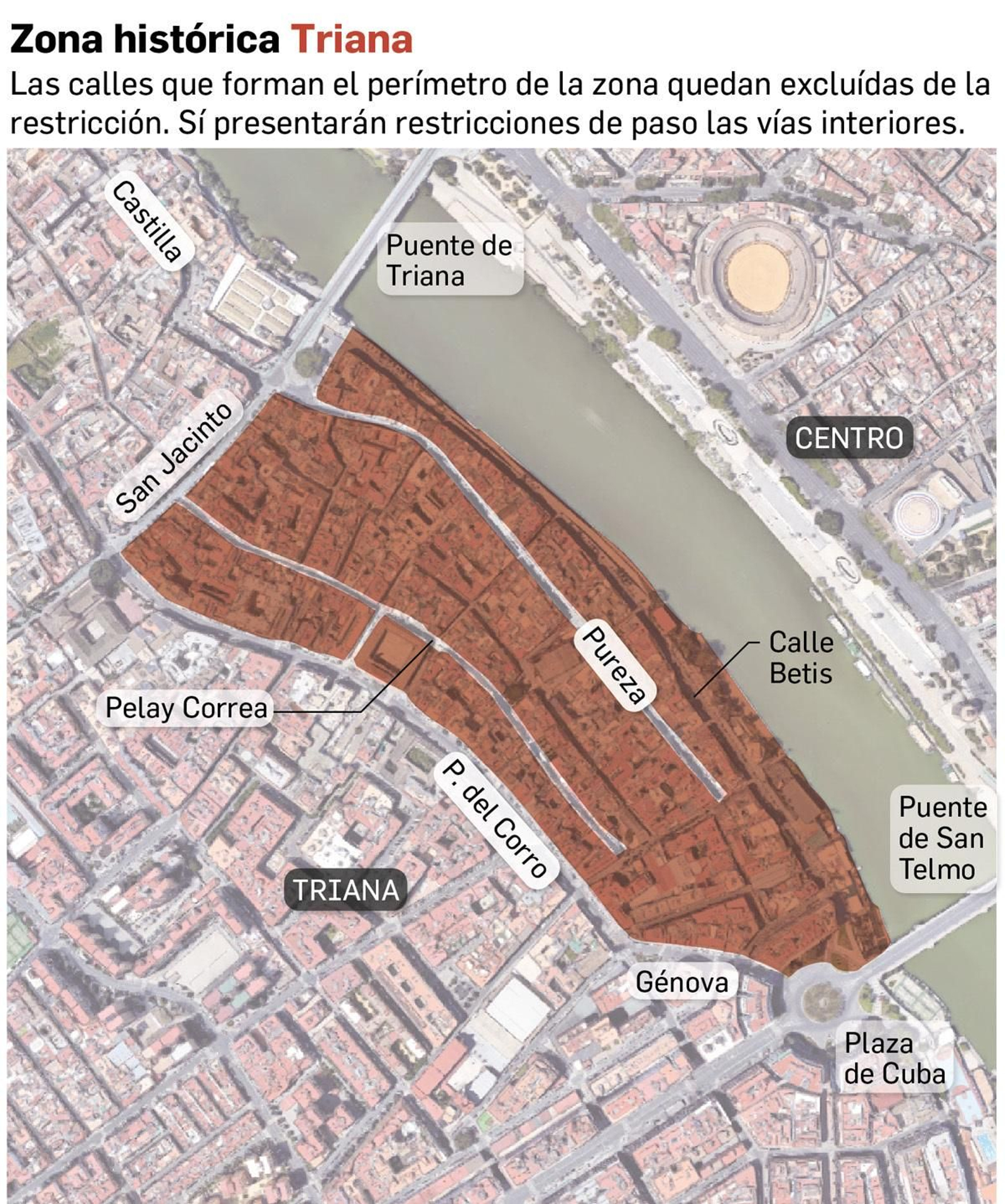 Mapa de la zona con restricciones al tráfico en el casco histórico de Triana. Fuente: Ayuntamiento de Sevilla.