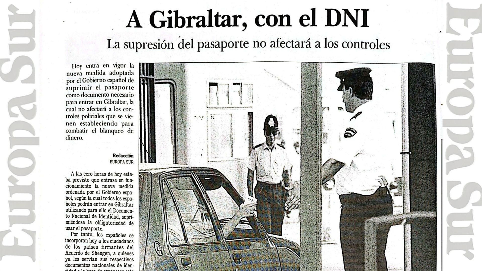 La noticia del 2 de julio de 1995 sobre la nueva medida que permitía entrar a Gibraltar con DNI.