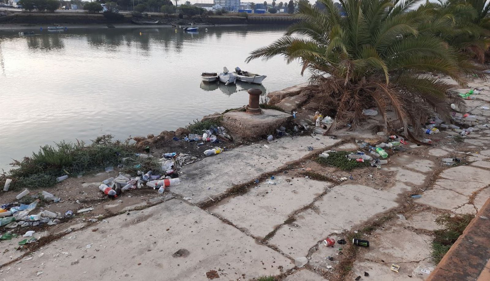Basura y restos del botellón junto al cantil del río Guadalete.