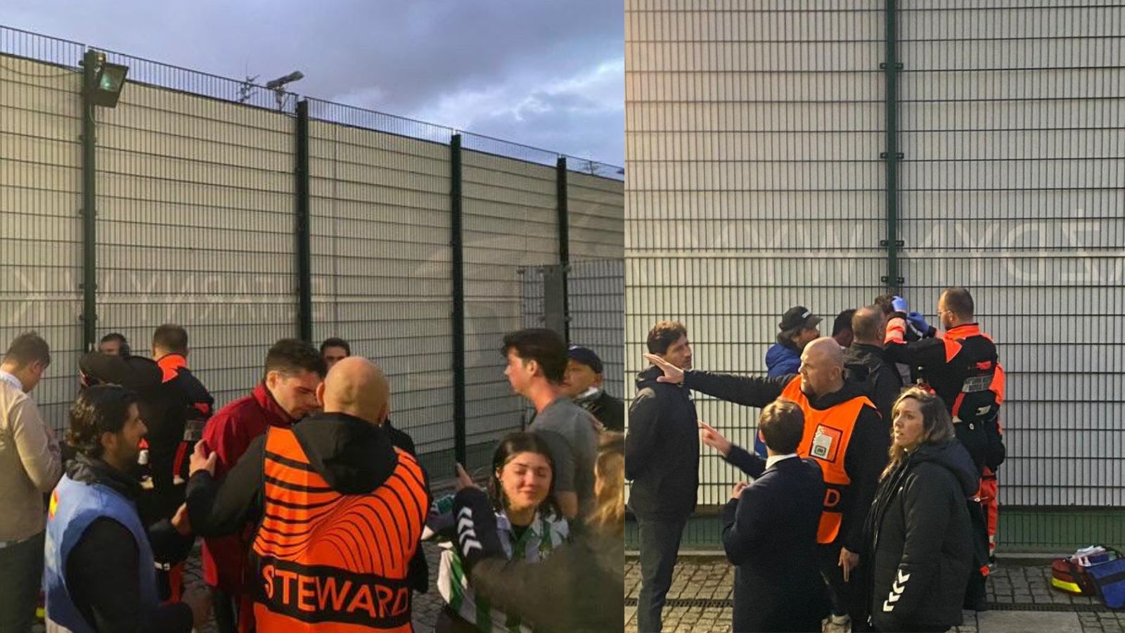 Los aficionados béticos siendo atendidos en las inmediones del Estadio del Ejército Polaco