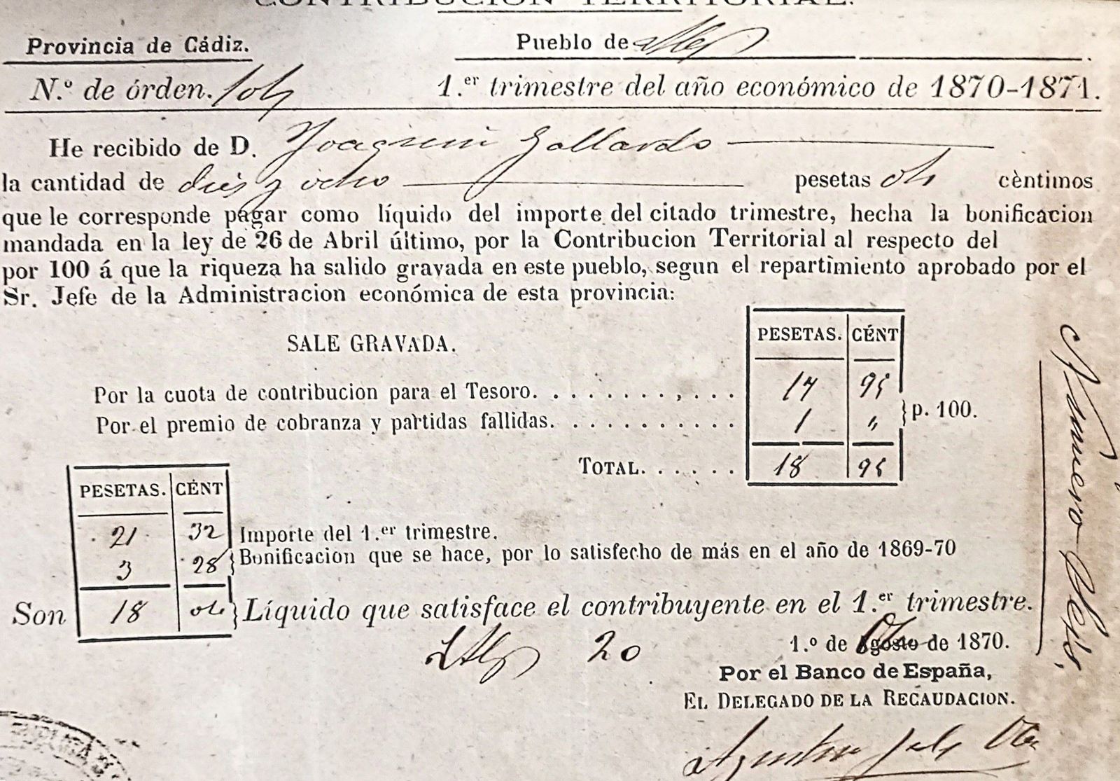 Recibo del pago de la contribución, periodo de 1870-71, de Joaquín Gallardo.