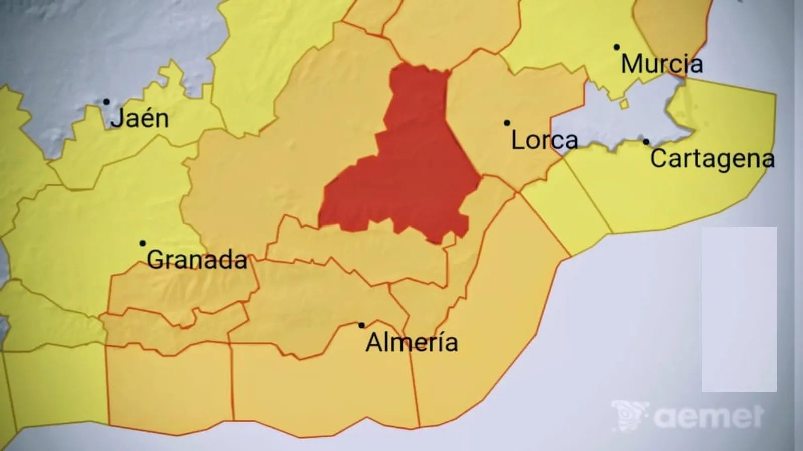 Mapa de avisos de AEMET con nivel rojo activado por viento en el Valle del Almanzora y Los Vélez este miércoles, ante la previsión de rachas extremas de hasta 130 km/h en la provincia de Almería.