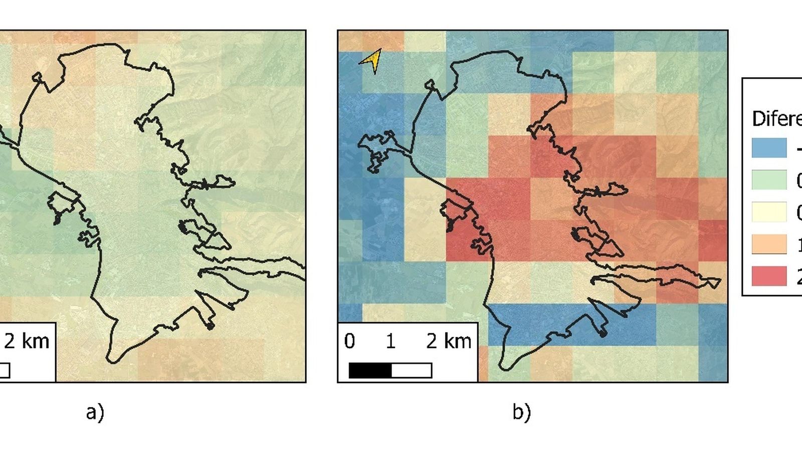 Diferencias de intensidades de la Isla de Calor Urbana de Superficie diurna a) y nocturna b).