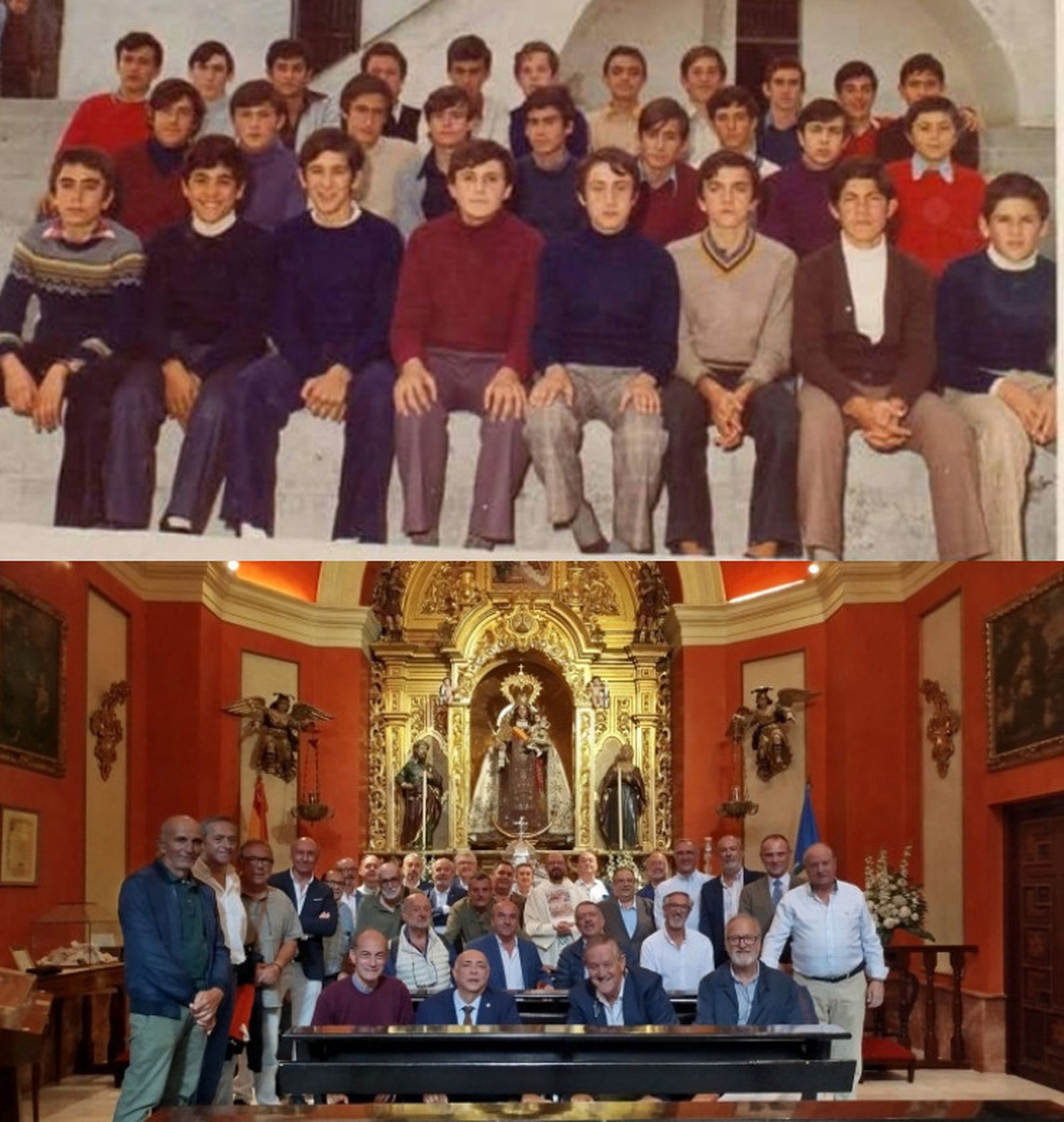 Reencuentro de la promoción del 75 del Liceo en San Fernando: arriba, una imagen de 1974 en la grada del patio del colegio; abajo, foto de los ex alumnos junto a la Virgen del Carmen