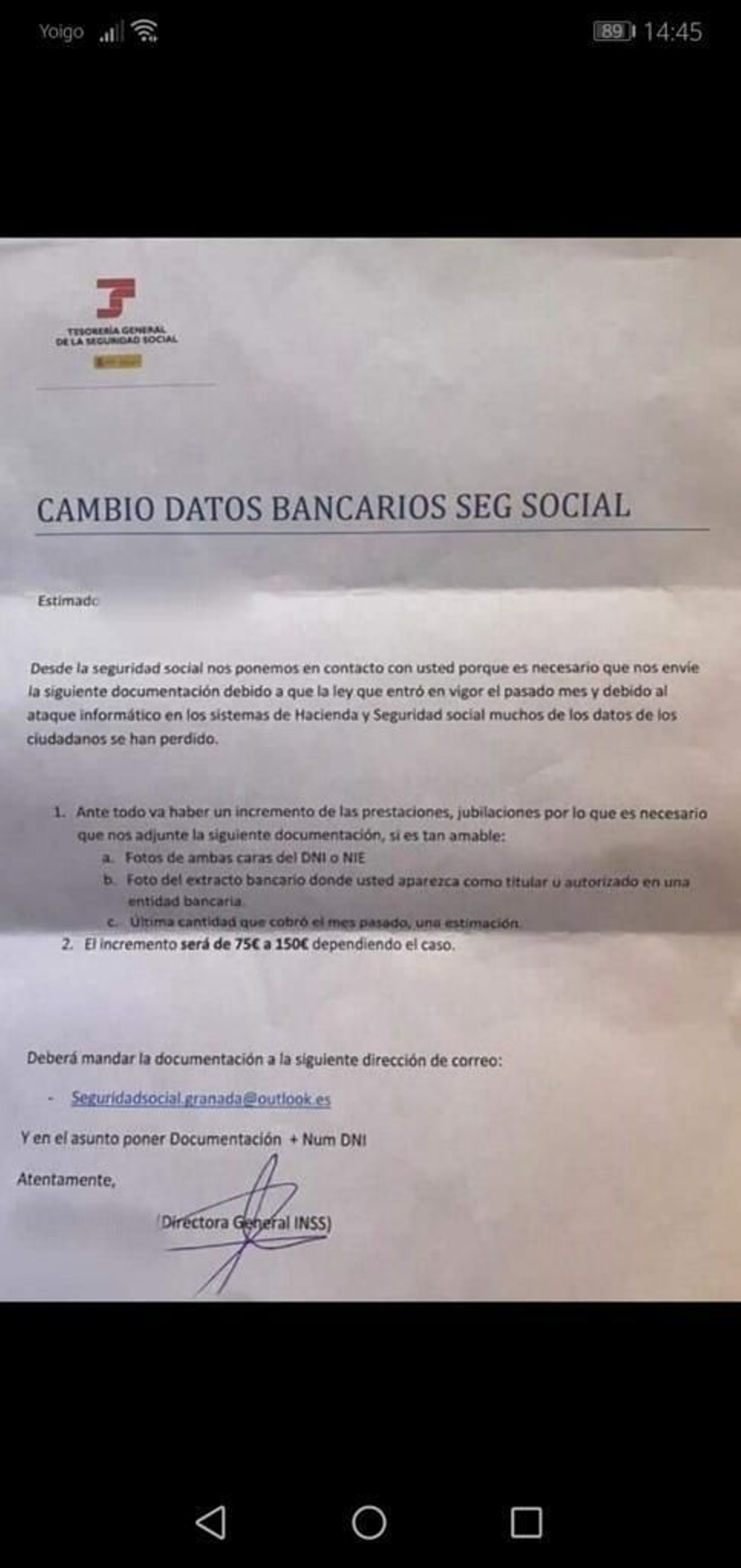 Esta es la carta que se está recibiendo.