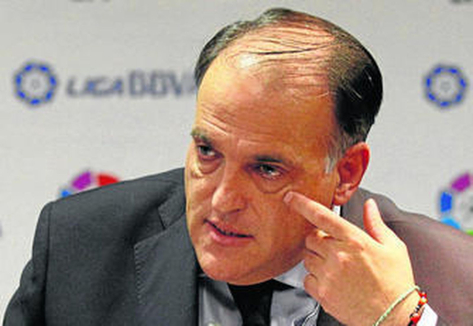 Javier Tebas, ayer durante la sesión de la LFP en la que anunció el descenso del Murcia.