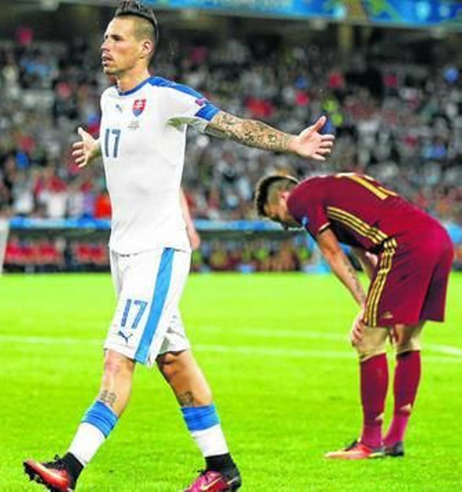 El eslovaco Marek Hamsik celebra su gol, el segundo y decisivo de su selección ante Rusia.
