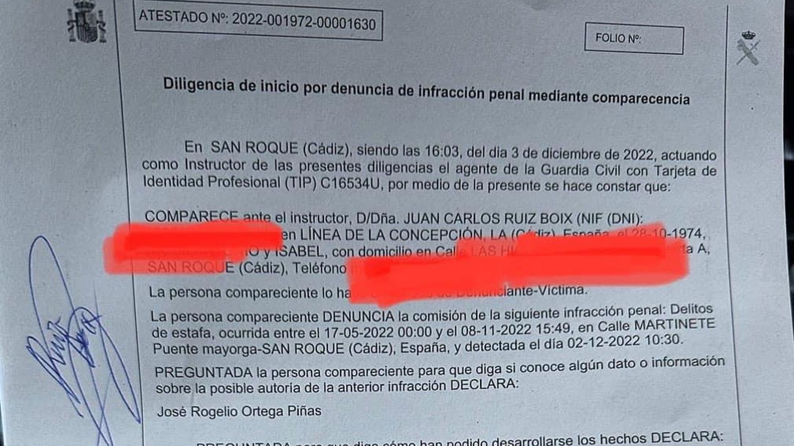 Denuncia presentada por Ruiz Boix, uno de los damnificados.