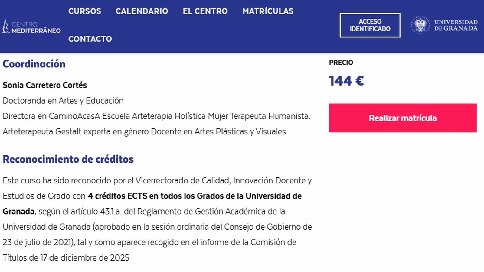 Pantallazo con información sobre el reconocimiento de créditos del curso sobre Arteterapia y ciclo menstrual.