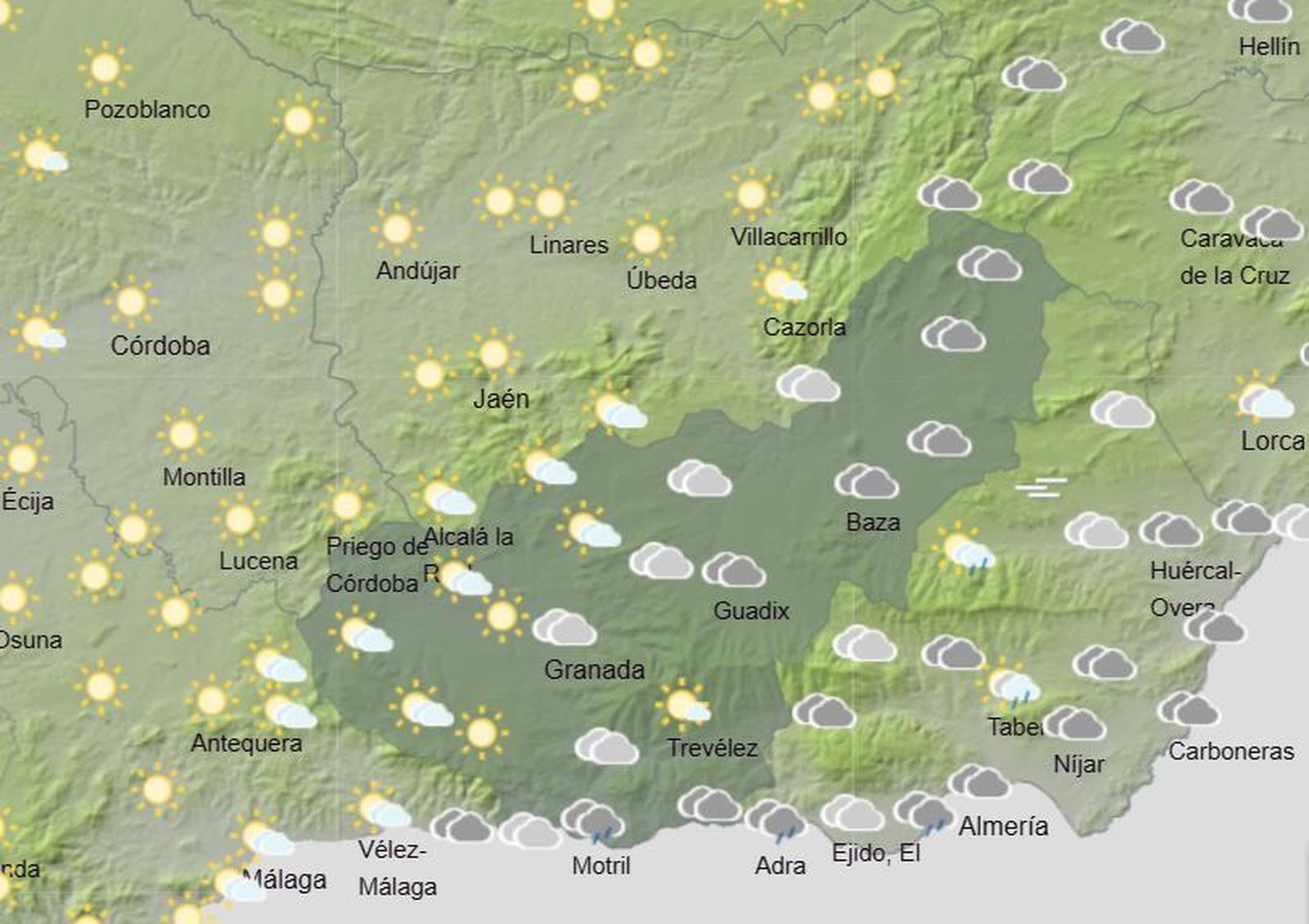 Aemet avisa de riesgo amarillo en la provincia de Granada por lluvias durante este martes