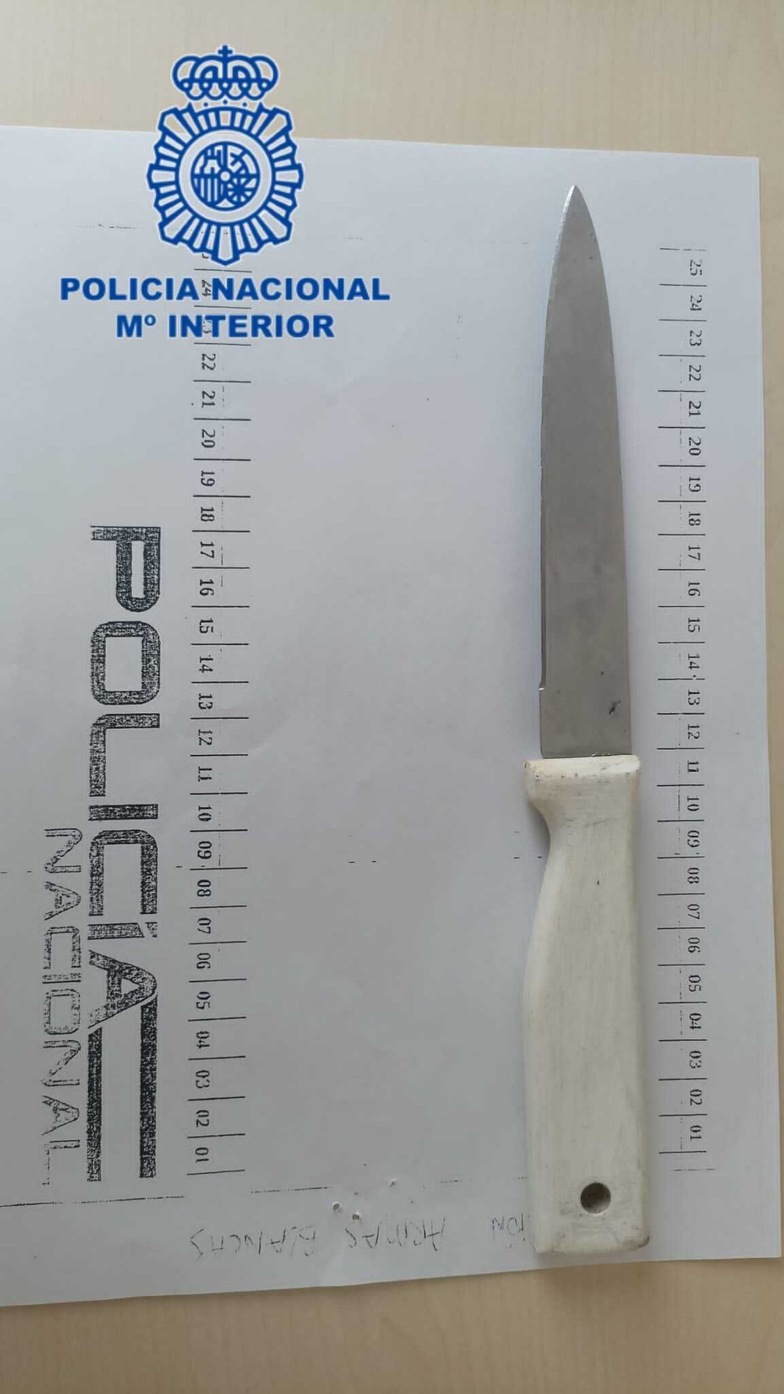 Cuchillo de 28 cm con el que amenazó a los empleados.