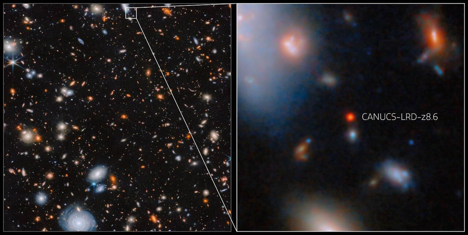 Ubicación de la galaxia CANUCS-LRD-z8.6 en el cúmulo galáctico MACS J1149.5+2223, tal y como la ve el Webb.