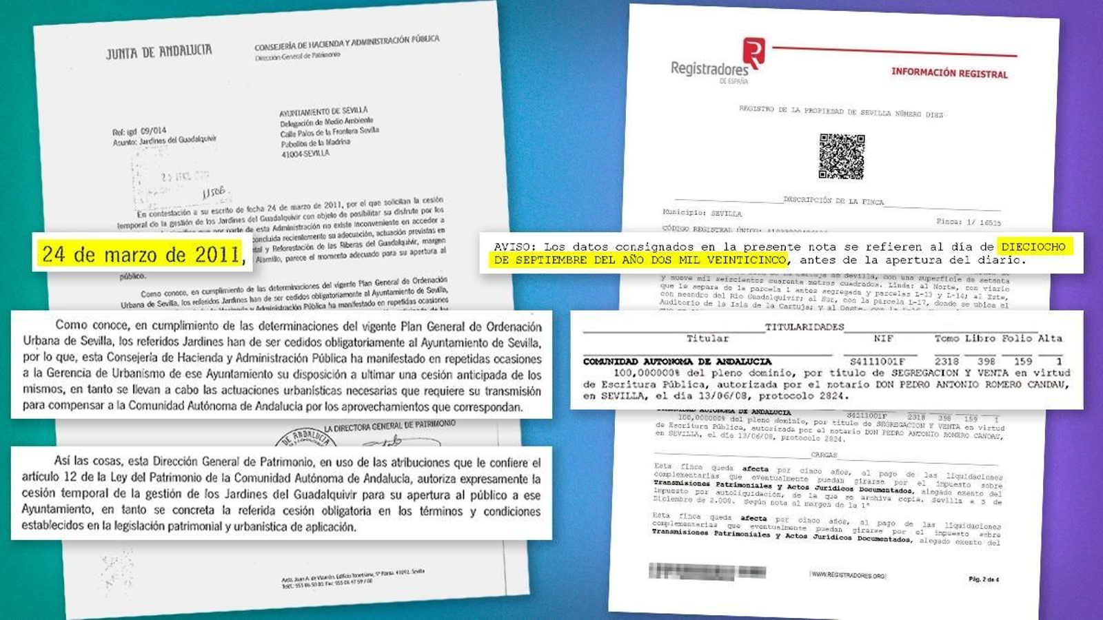 Dos documentos de los Jardines del Guadalquivir: la cesión al Ayuntamiento y una nota simple.