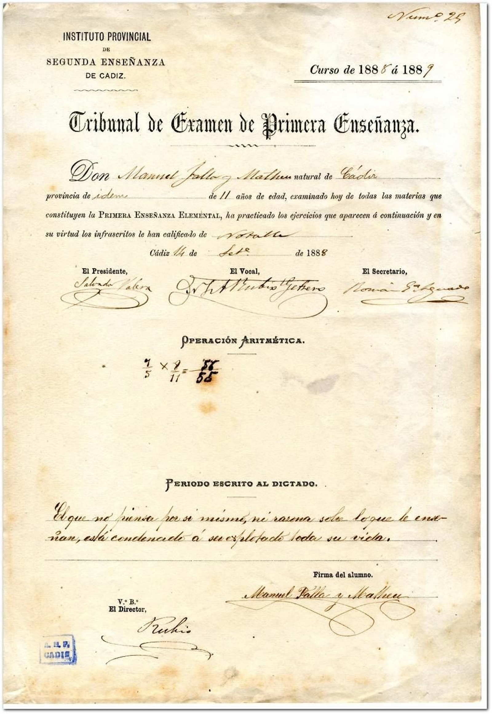 Documento del Tribunal de Examen de Primera Enseñanza de Manuel de Falla.