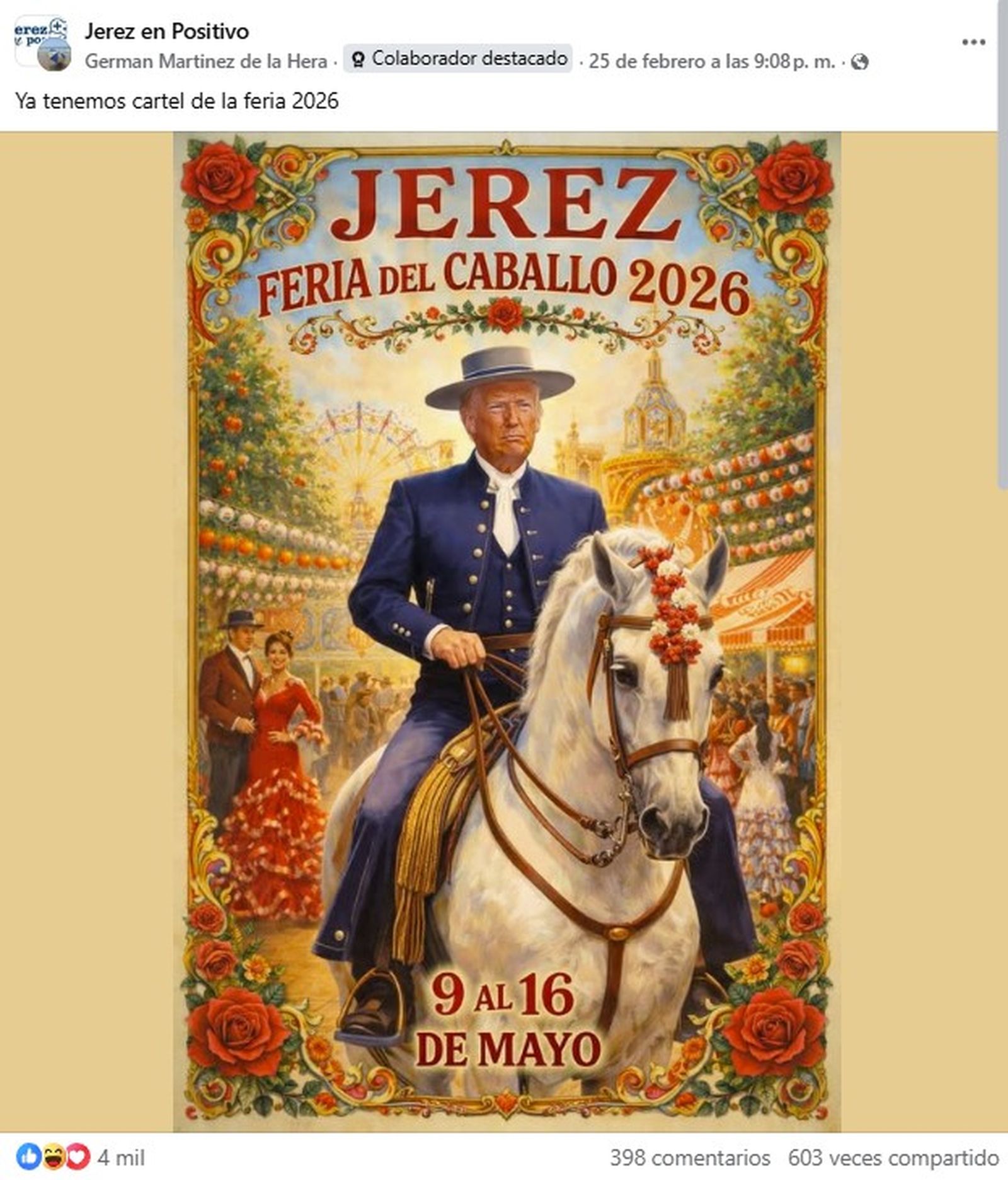 Publicación del falso cartel de la Feria del Caballo 2026 en Jerez en Positivo.