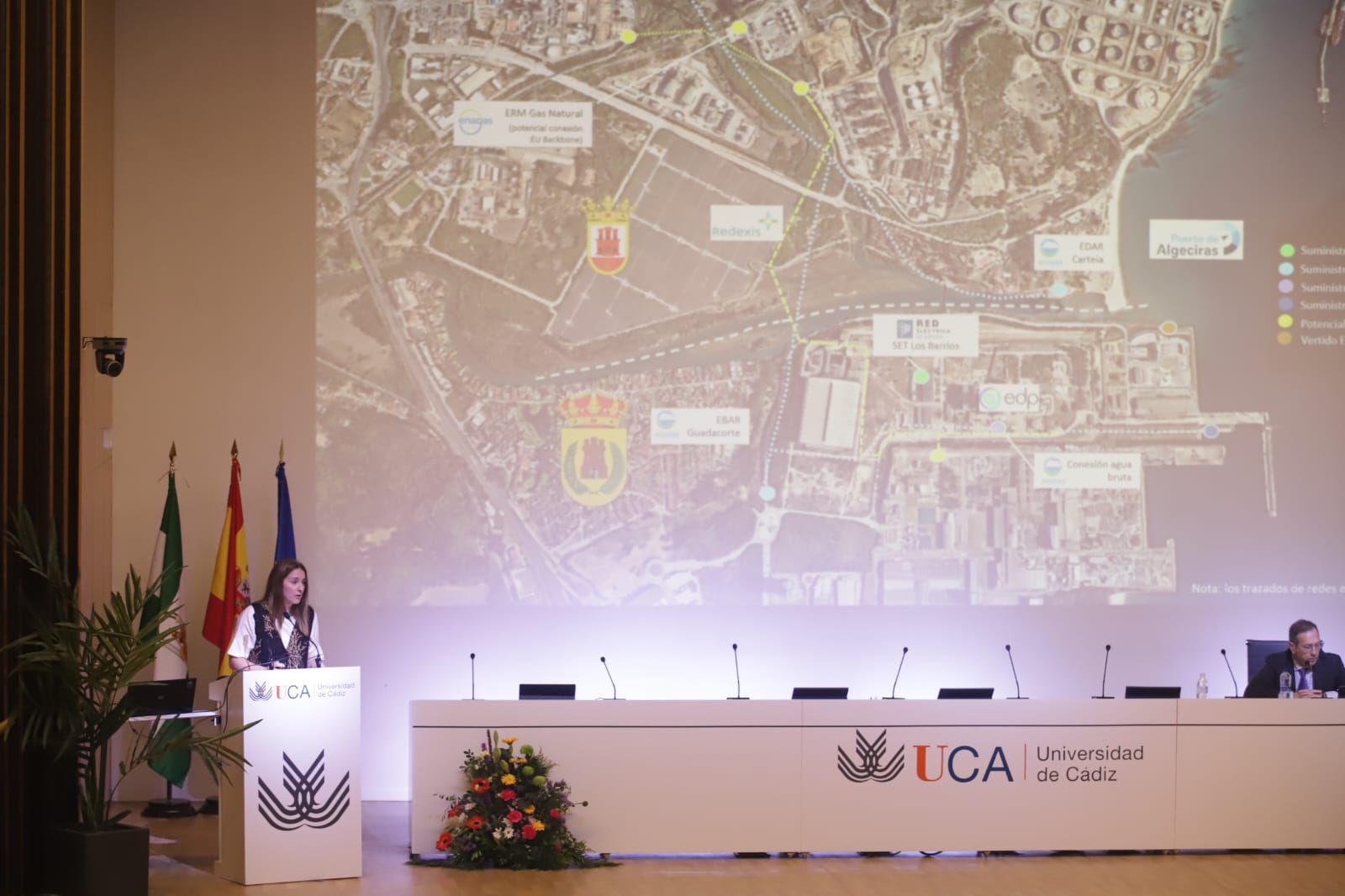 Plano de la ubicación del proyecto Green H2 Los Barrios de EDP, durante la ponencia de su directora de proyectos, Vanessa Hernández, en el congreso Rh2edin de Algeciras