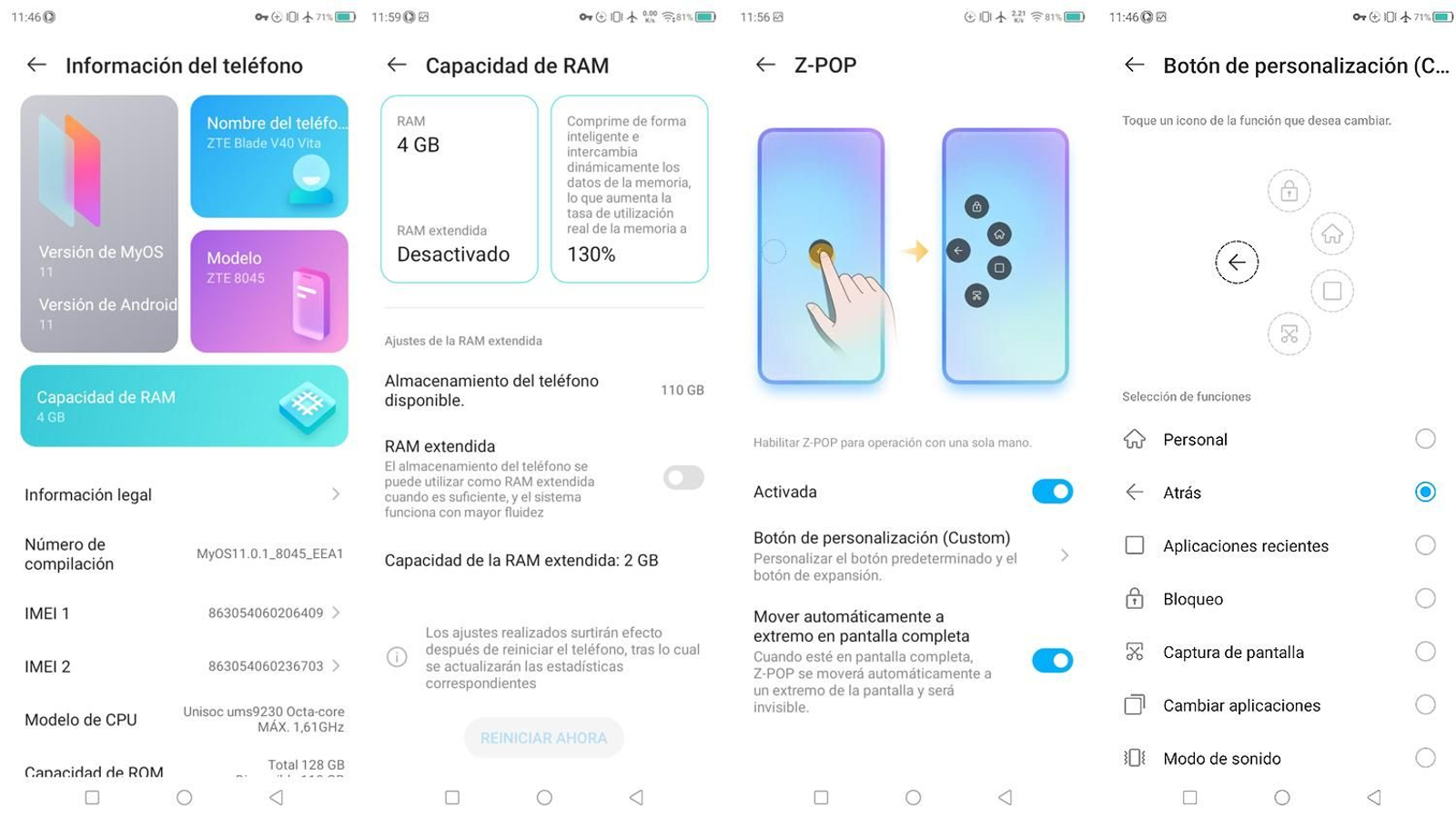 Ficha y opciones del smartphone ZTE Blade V40 Vita