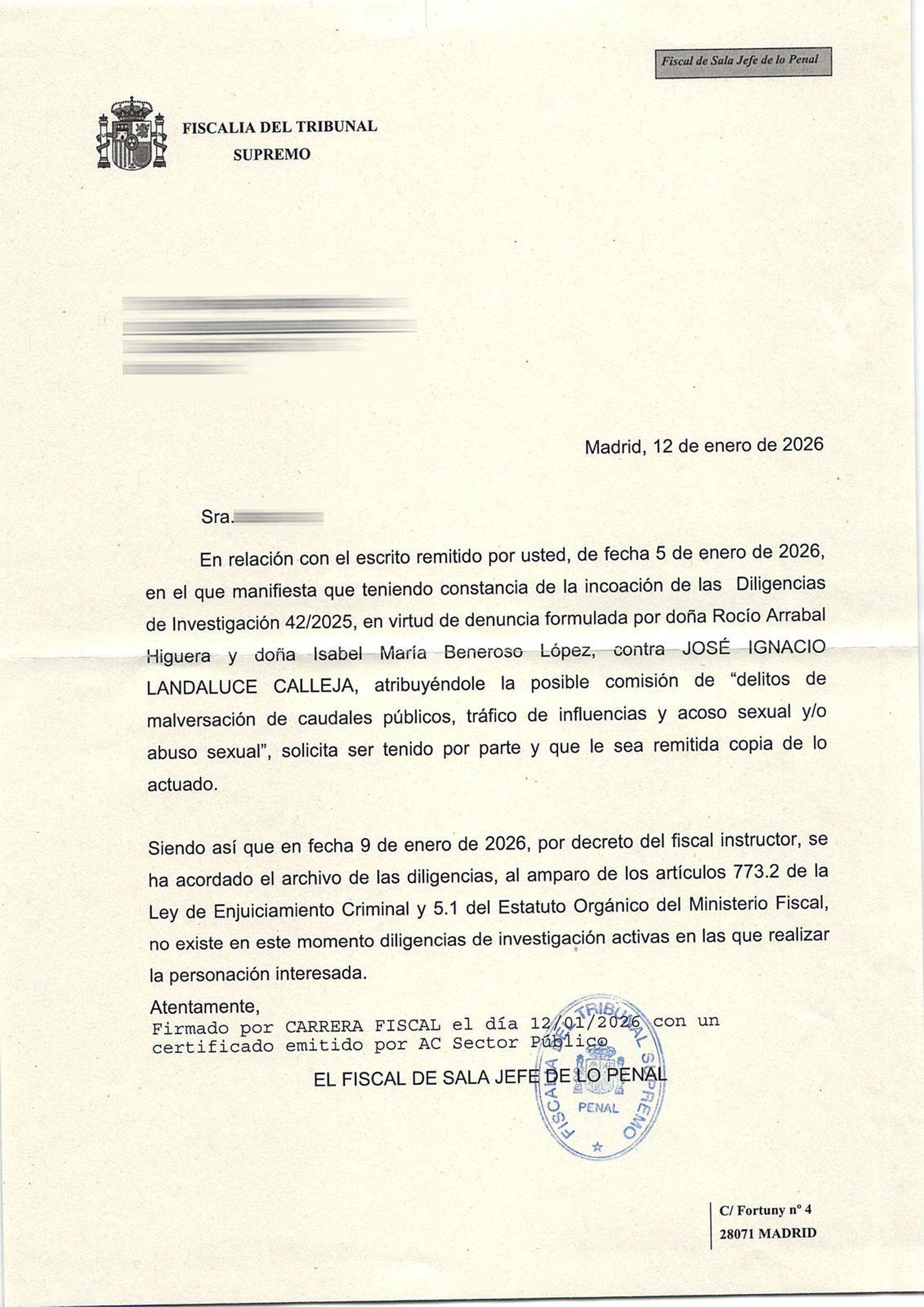 El documento de la Fiscalía del Supremo remitido por el Ayuntamiento.