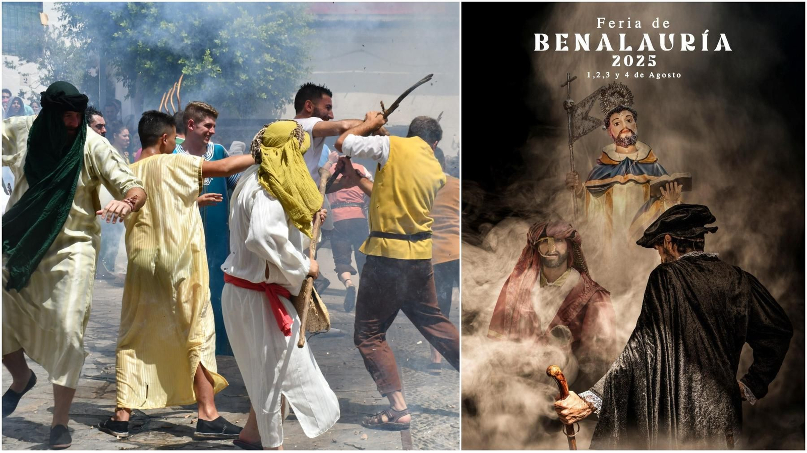 Una interpretación de la Fiestas de Moros y Cristiano y el cartel de la feria de Benalauría.