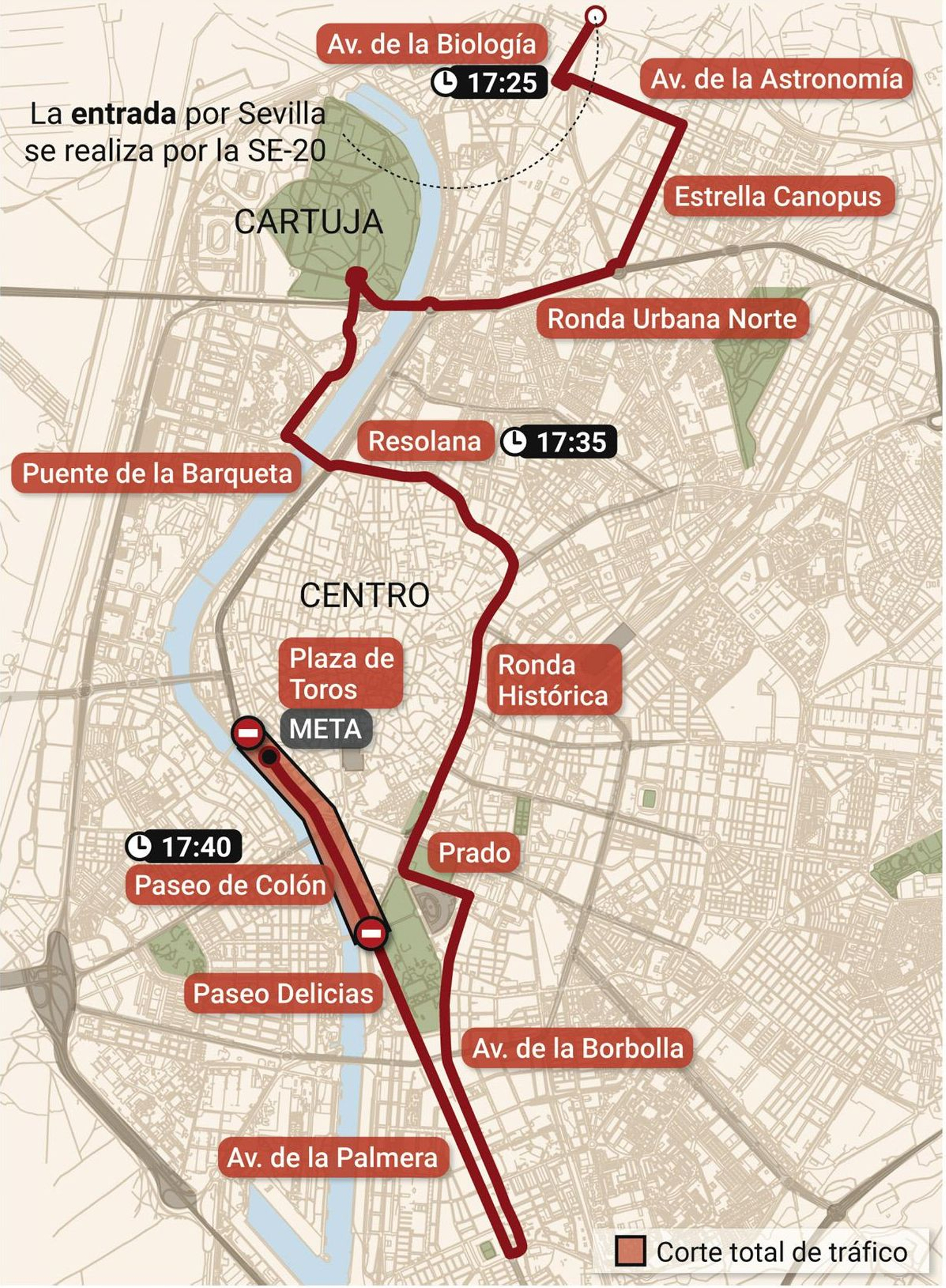 Recorrido de la etapa de la Vuelta Ciclista 2024 por Sevilla capital y horas de paso