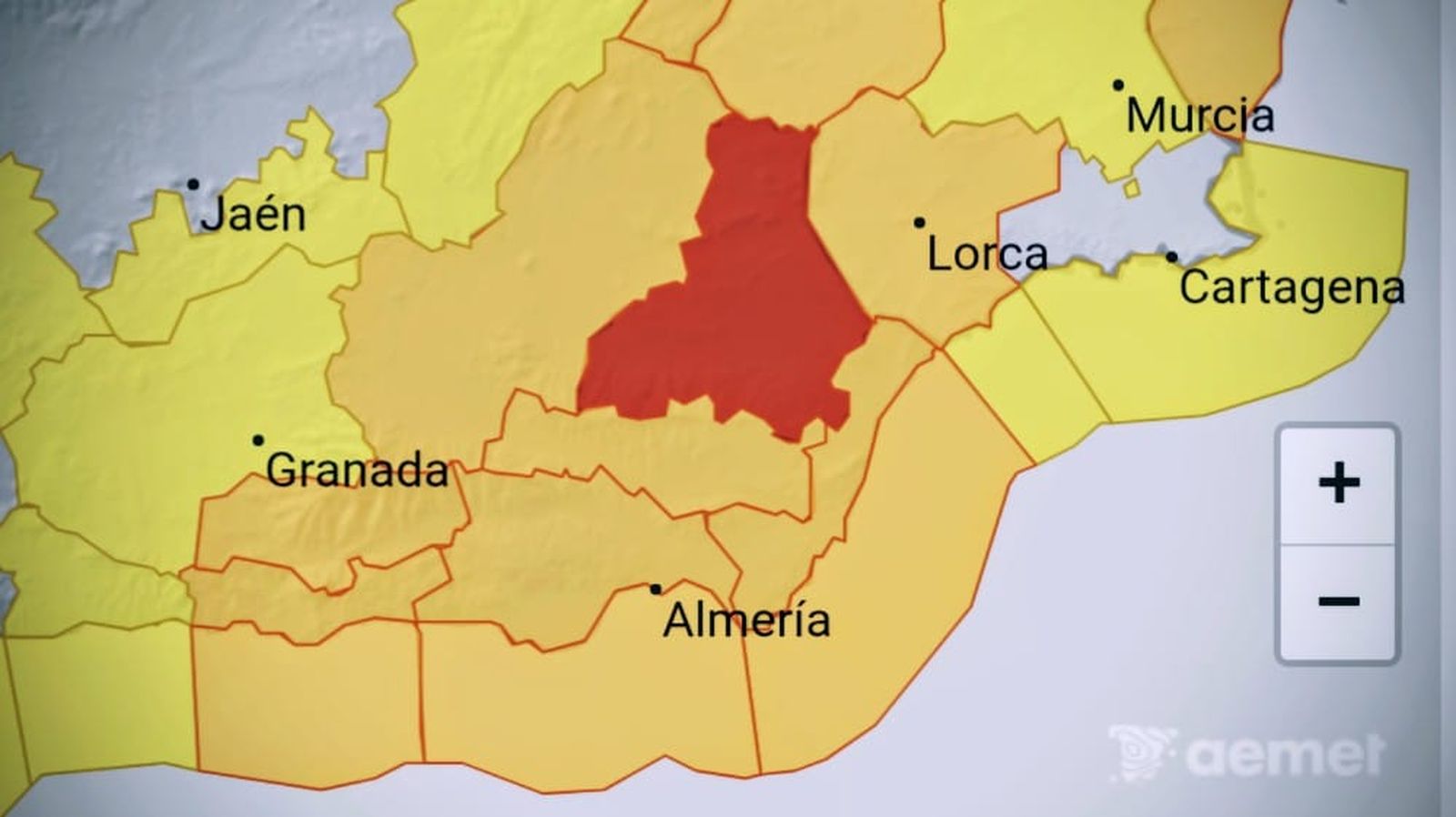 Mapa de avisos de AEMET con nivel rojo activado por viento en el Valle del Almanzora y Los Vélez este miércoles, ante la previsión de rachas extremas de hasta 130 km/h en la provincia de Almería.