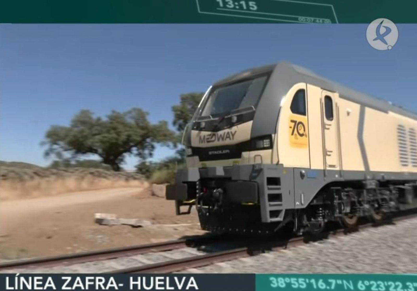 Tren en pruebas en la línea Huelva-Zafra.