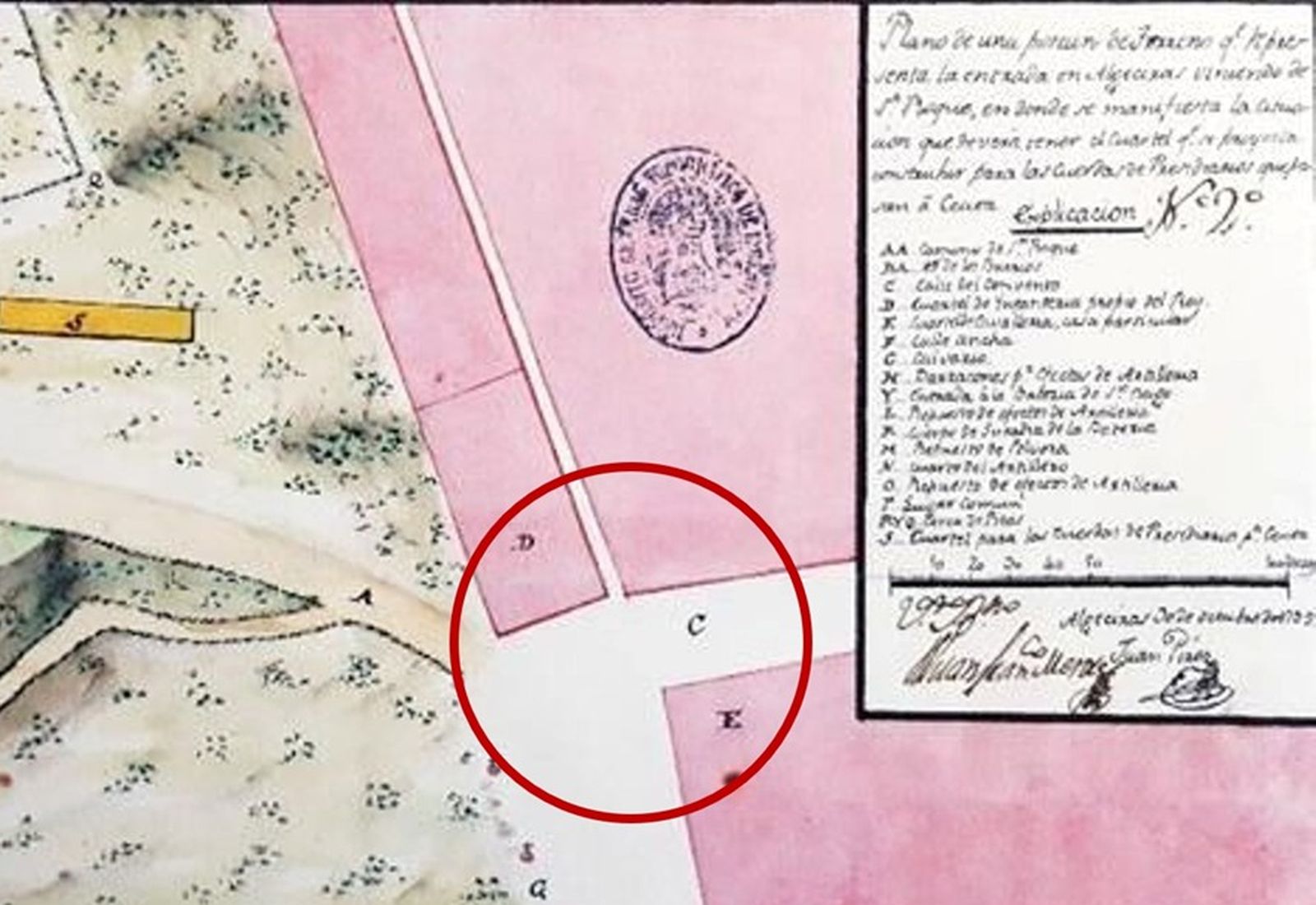 Fragmento del plano de un sector en el norte de Algeciras conservado en el Archivo Histórico Militar, donde se han marcado con un círculo los edificios tratados en el texto.