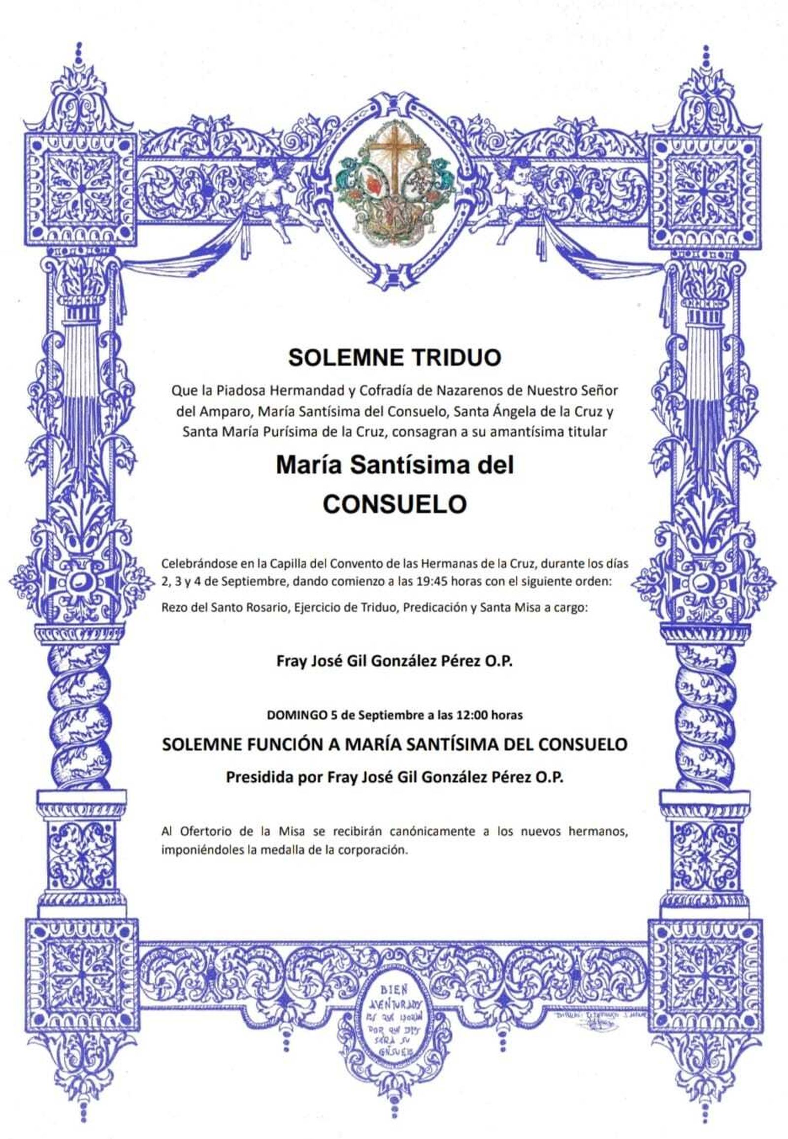 Convocatoria del triduo de la hermandad del Consuelo del Pelirón.