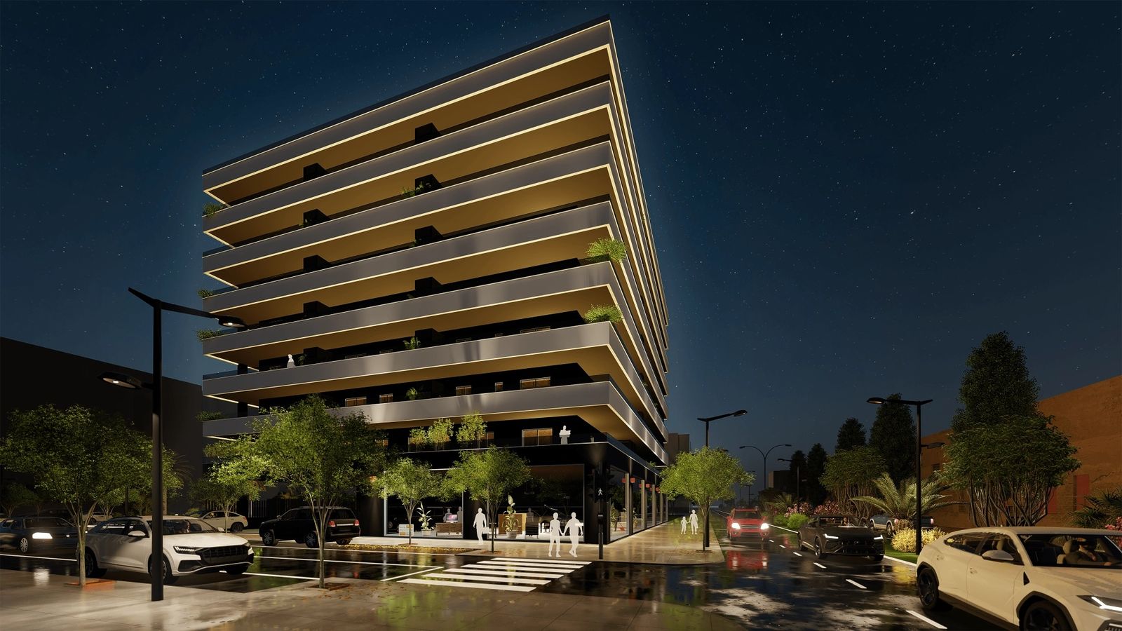 Fachada Noroeste del residencial Francisco Gallardo de Ygabsa en Nueva Andalucía, Almería.