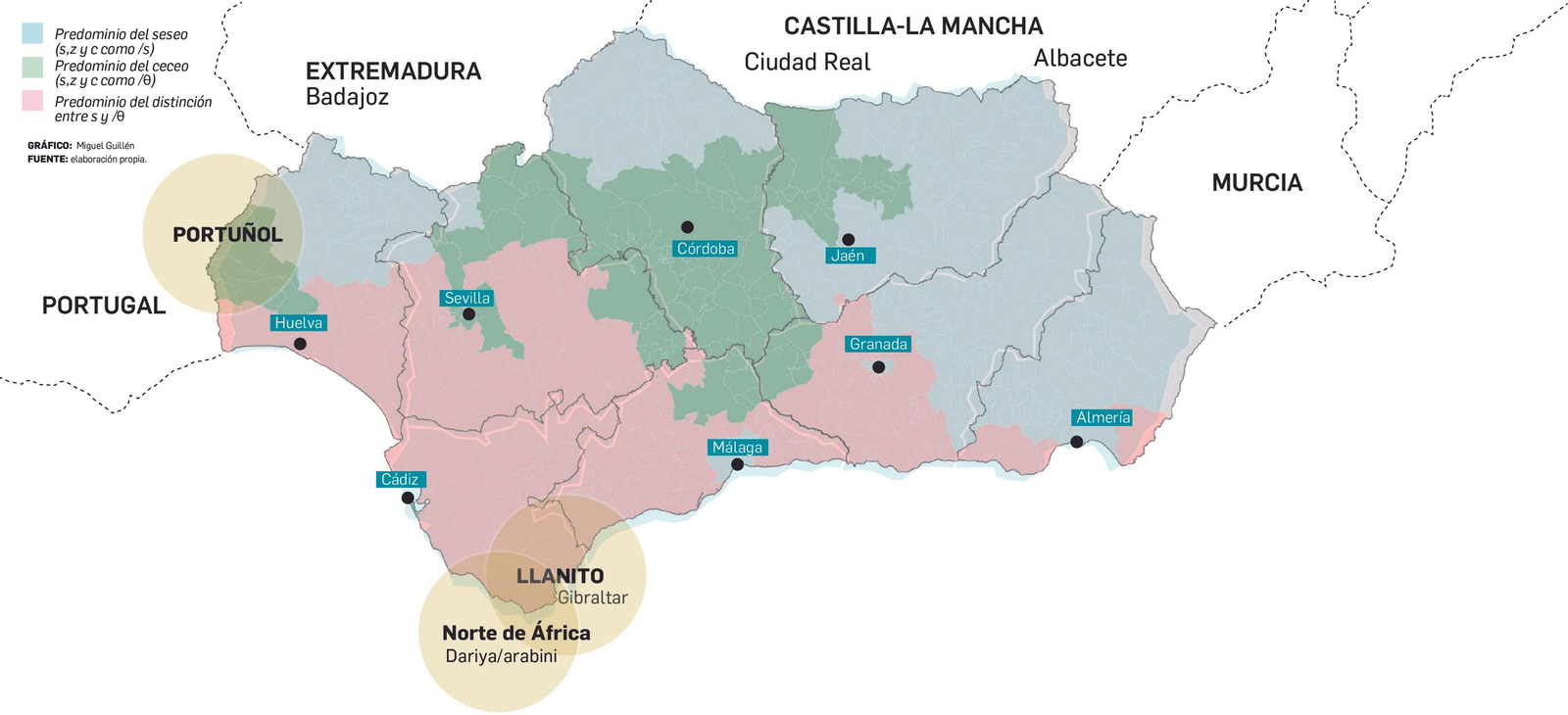 Los tres focos territoriales donde conviven las hablas fronterizas en Andalucía.
