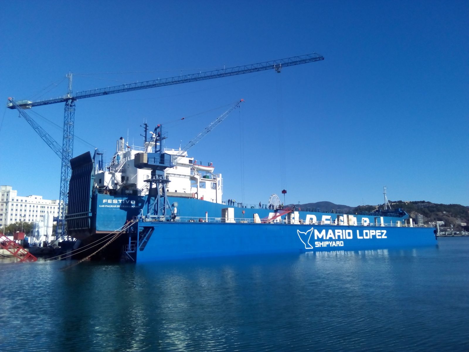 El ‘Festivo’, en el dique flotante de Mario López del puerto malagueño.