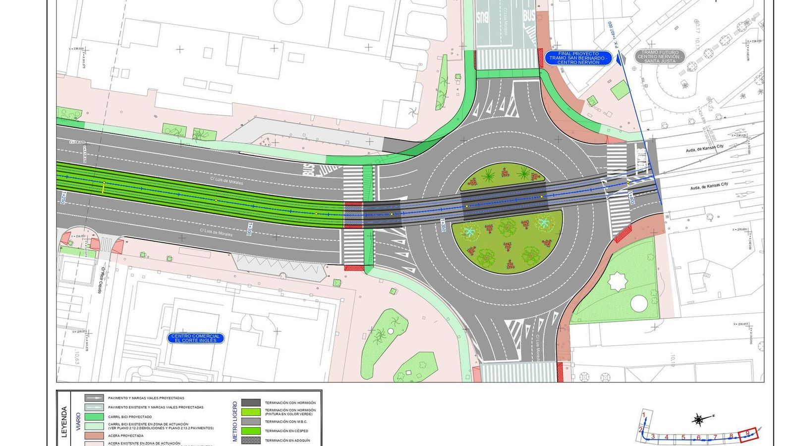 Glorieta en la confluencia de Luis de Morales con Luis Montoto. Fin de la primera fase de la ampliación.