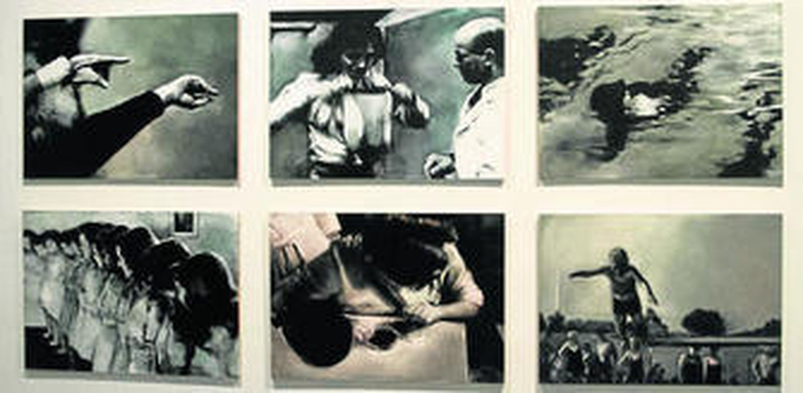 1. La malagueña María Dávila plantea en el marco de la Biunic una narración enigmática que debe completar el espectador. 2. Los comisarios de la muestra, Iván de la Torre Amerighi y Juan Ramón Rodríguez-Mateo, con la vicepresidenta de la Fundación Madariaga, Ángela Madariaga, ante un cuadro de Ana Barriga. 3. Una de las obras de Manuel Casellas. 4. Los paisajes de siluetas recortadas de Alejandro Ginés Lozano. 5. Algunos de los autorretratos de Mar Gascó.