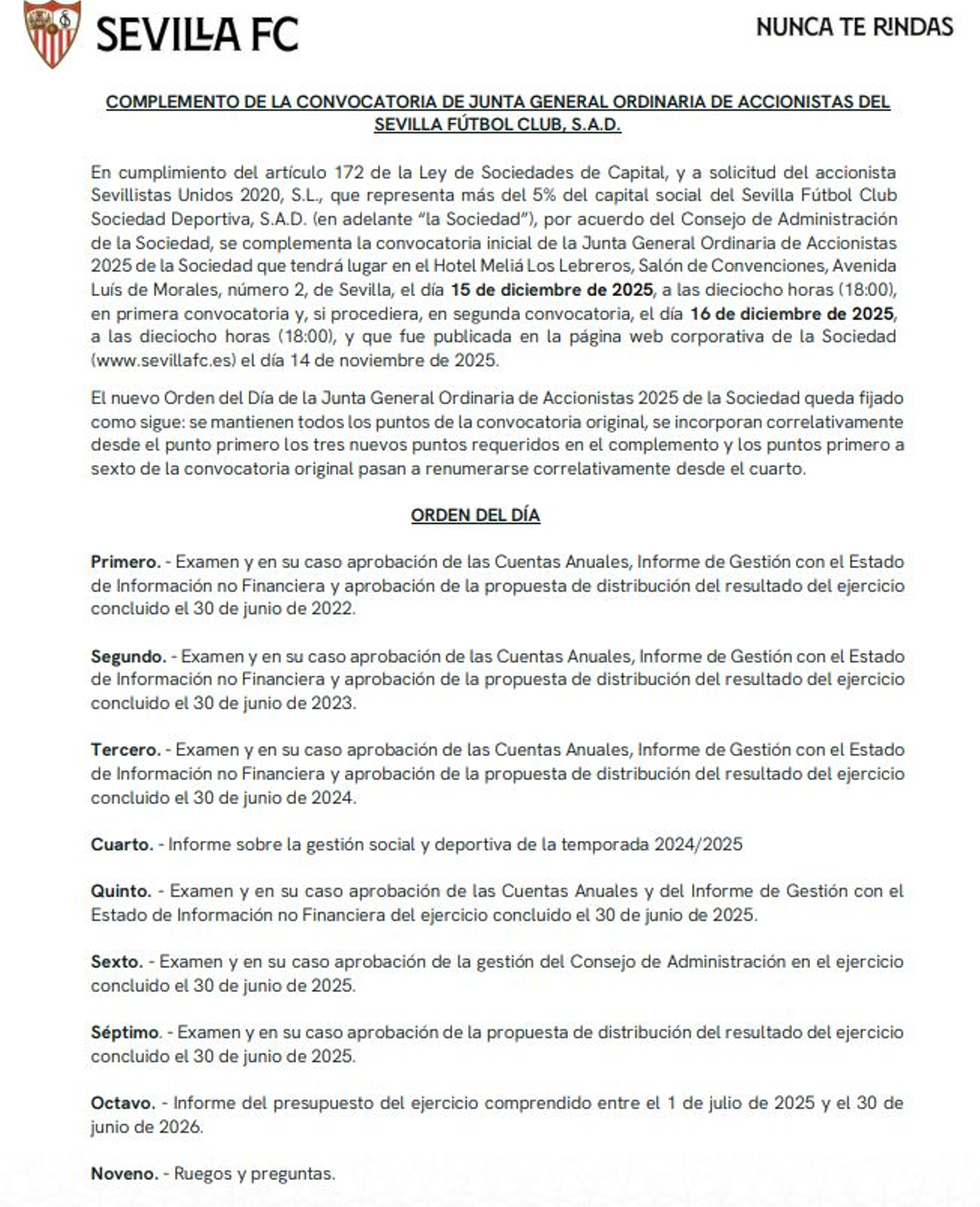 Orden del día, con la aprobación de las cuentas y la gestión de 2022, 2023 y 2024.