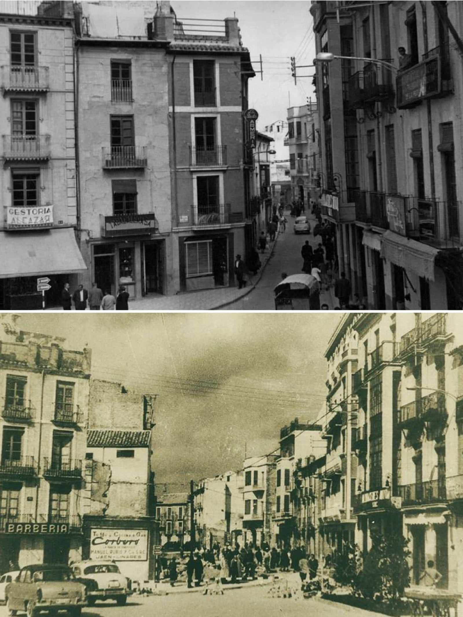 Arriba:La Plaza de la Constitución, en su encuentro con la calle Virgen de la Capilla, conservaba aún su fisonomía original. Abajo:La misma vista, capturada durante las obras de demolición y ampliación.