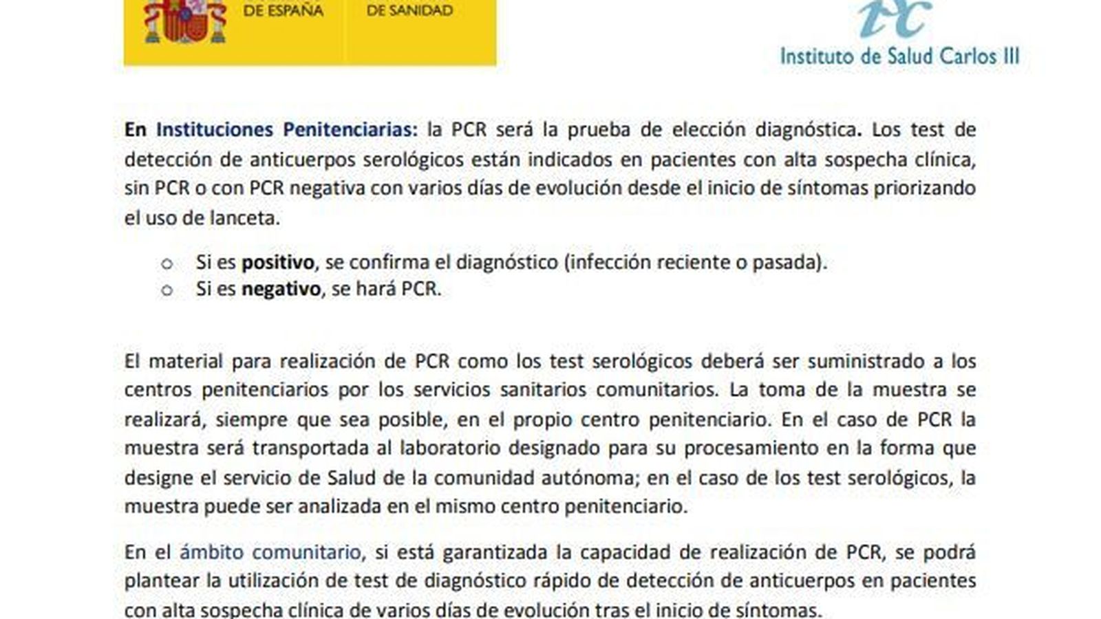 Lo que dice la guía para la realización de las pruebas en las prisiones