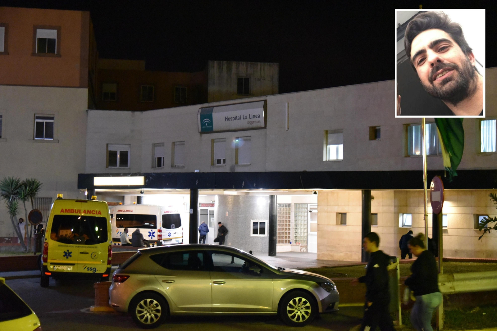 La entrada a Urgencias del viejo hospital, en la tarde de la fuga. En el recuadro, Samuel Crespo.