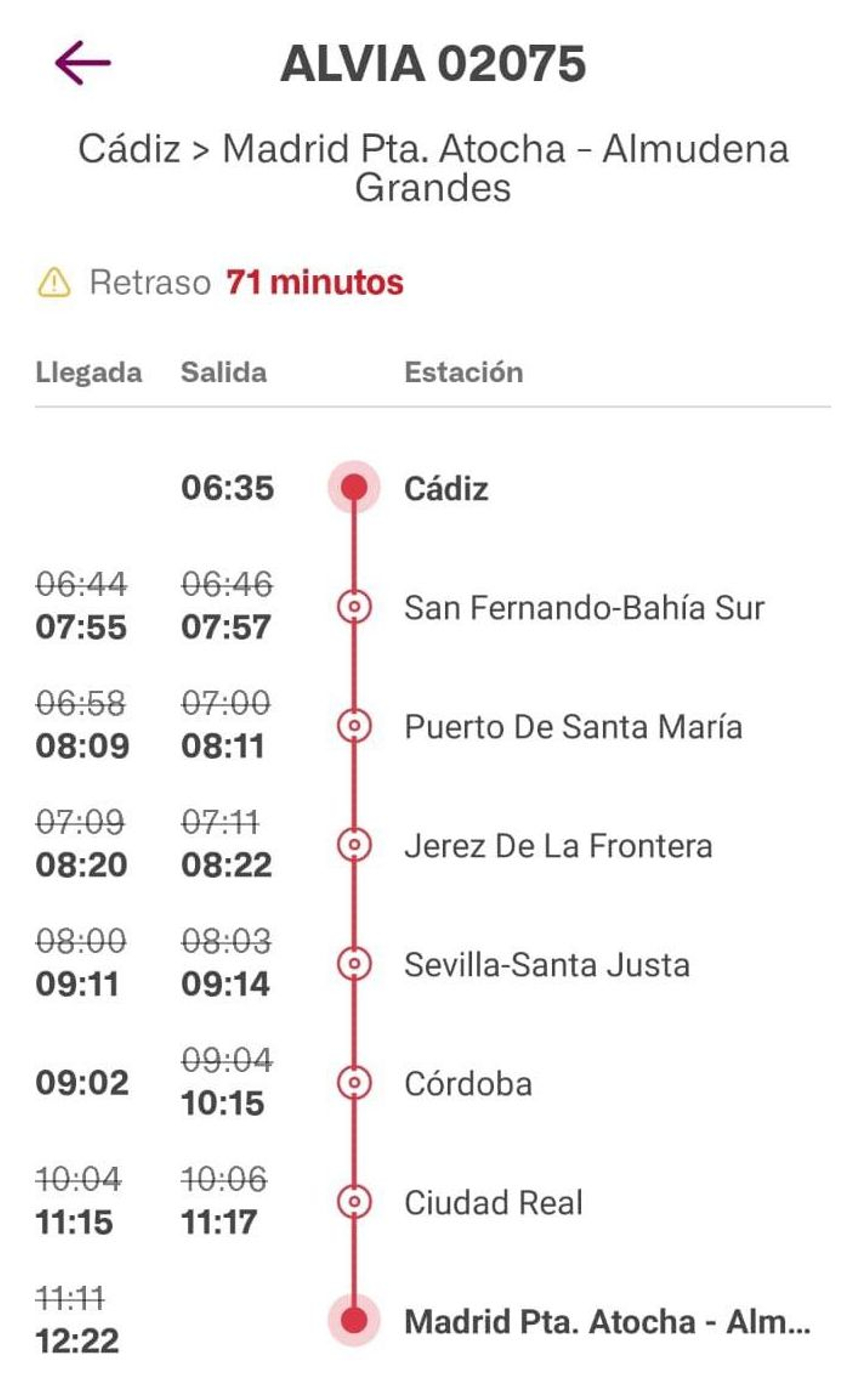 Retraso del primer Alvia Cádiz-Madrid en la app de Renfe. Retraso del primer Alvia Cádiz-Madrid en la app de Renfe.