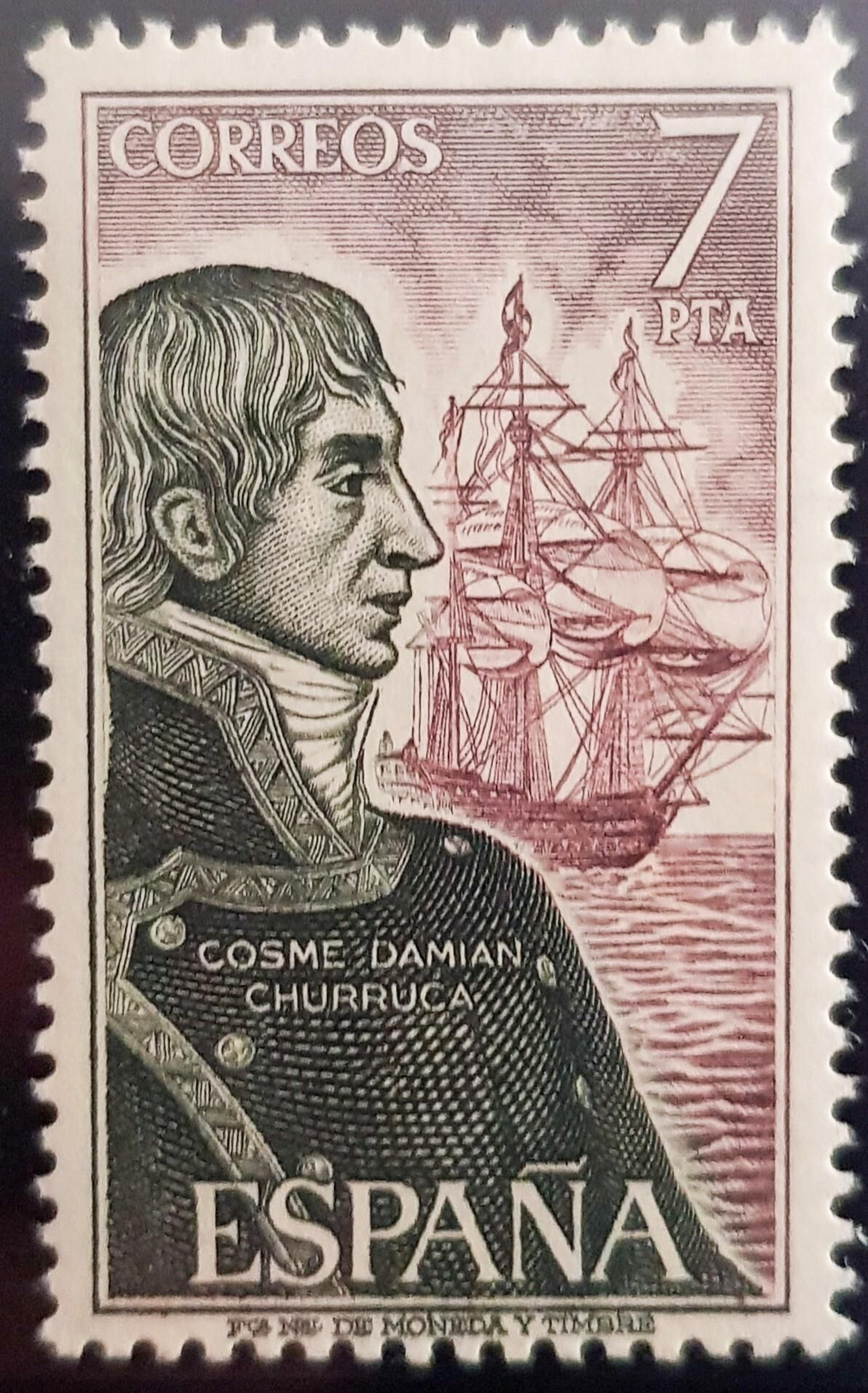 Sello del año 1976 que representa a Cosme Damián Churruca y al navío 'San Juan Nepomuceno'.