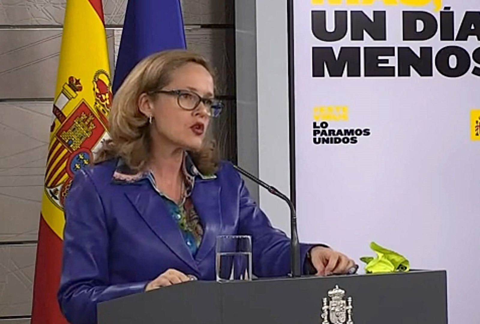 La ministra de Asuntos Económicos, Nadia Calviño, durante la rueda de prensa de este miércoles