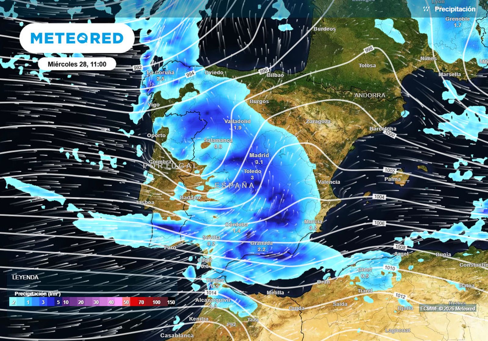 Lluvia prevista para este miércoles 28 de enero.