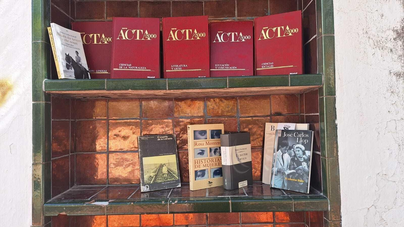 Libros depositados ante el monumento de Muñoz Seca.