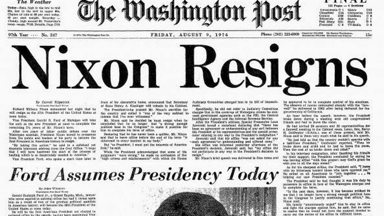 La portada del Post el día de la dimisión de Nixon.