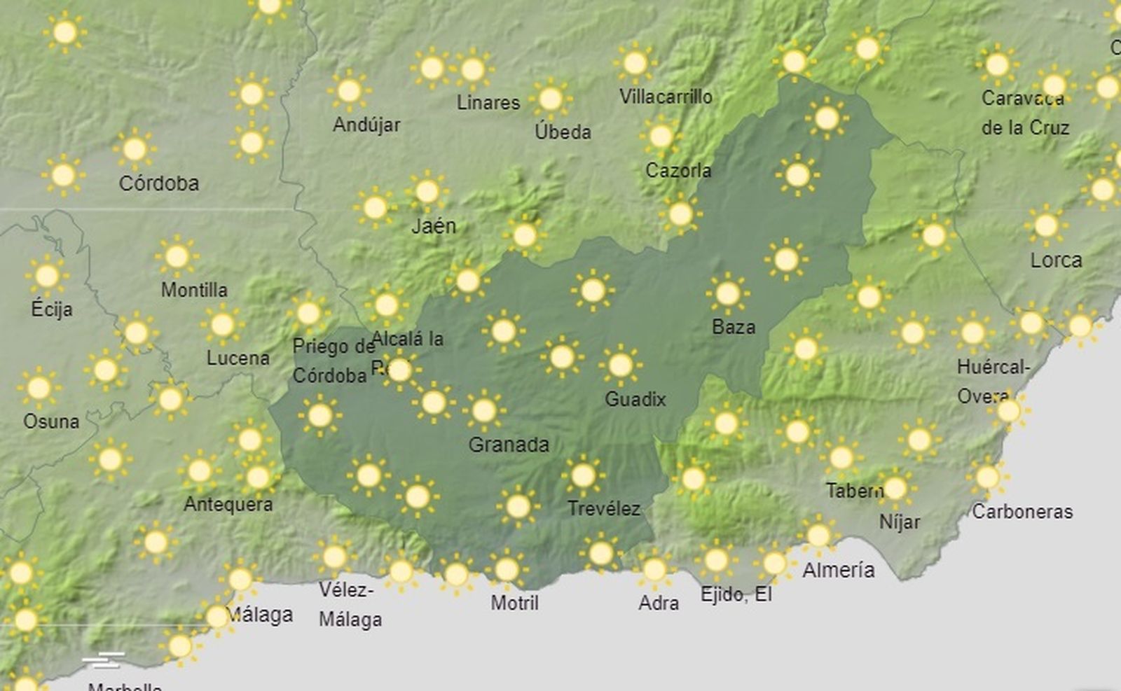 Mapa de previsión del tiempo para este sábado 16 de abril en la provincia de Granada