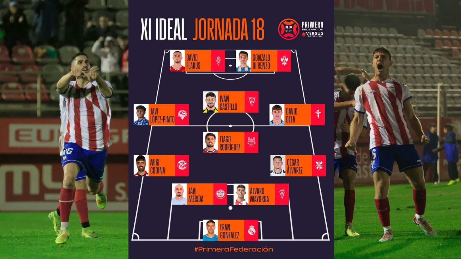 Víctor Ruiz y Mayorga (d), con el once ideal de la jornada en medio.