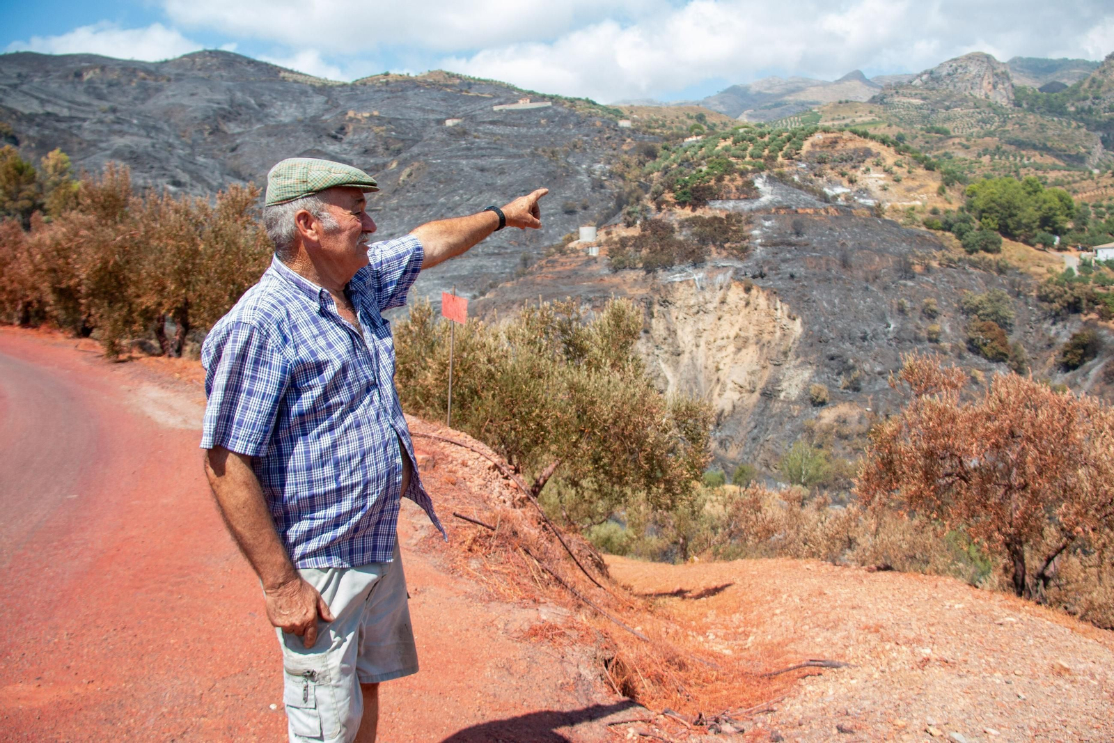 Un agricultor mira hacia la zona del incendio en Peña Escrita