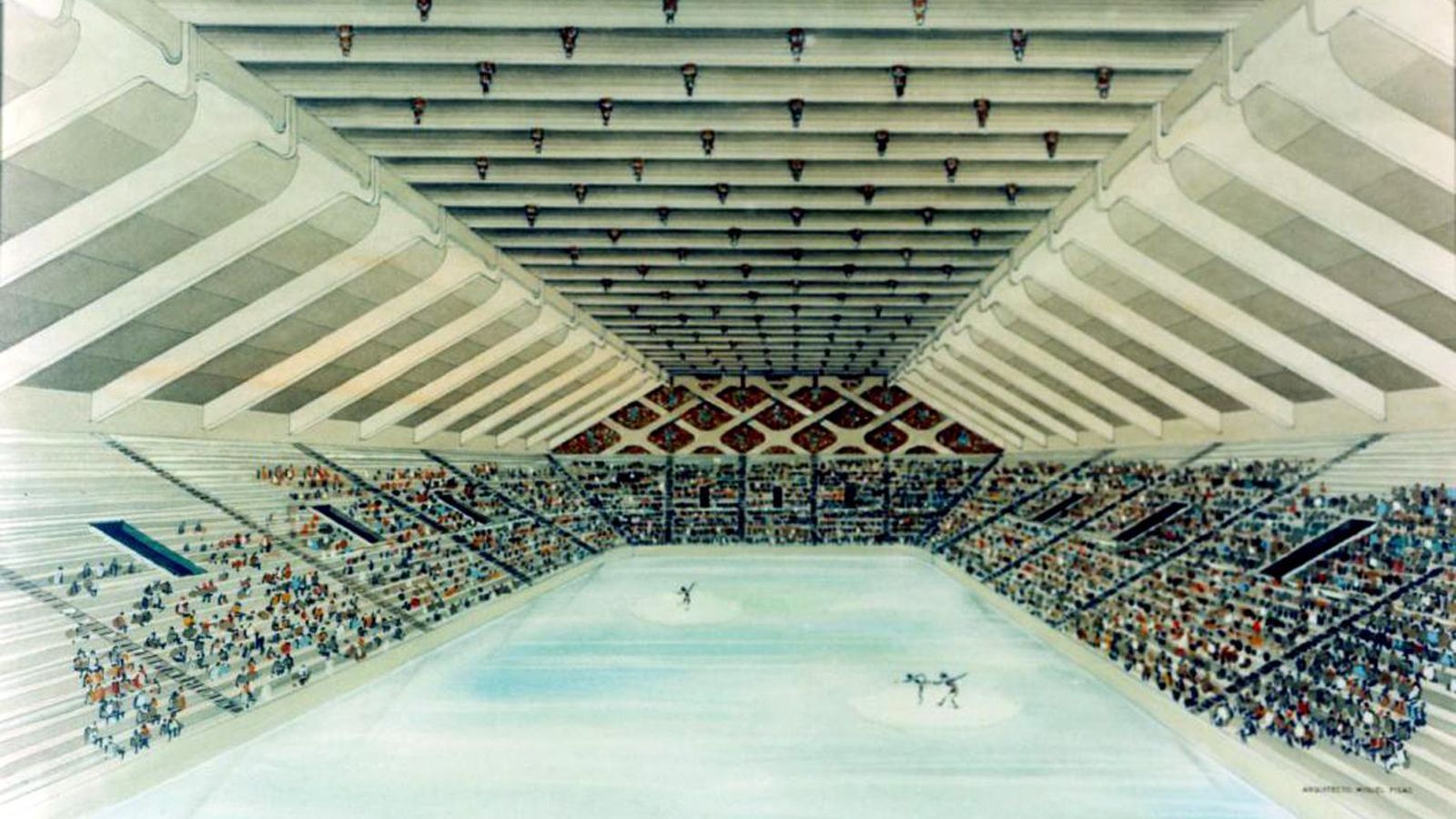 Interior del Palacio de Hielo de Granada diseñado por Miguel Fisac