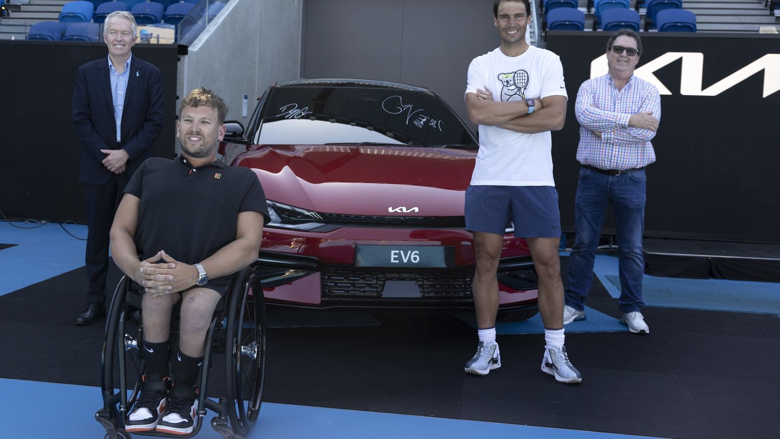 Presentación del patrocinio de Kia del AO22 con Craig Tiley, director del Open; Dylan Alcott, jugador de tenis en silla; Rafa Nadal; y Damien Meredith, COO de Kia Australia