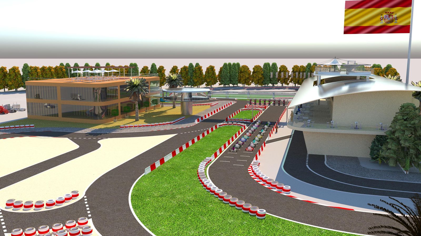 Detalle de pista y boxes del proyecto de karting.
