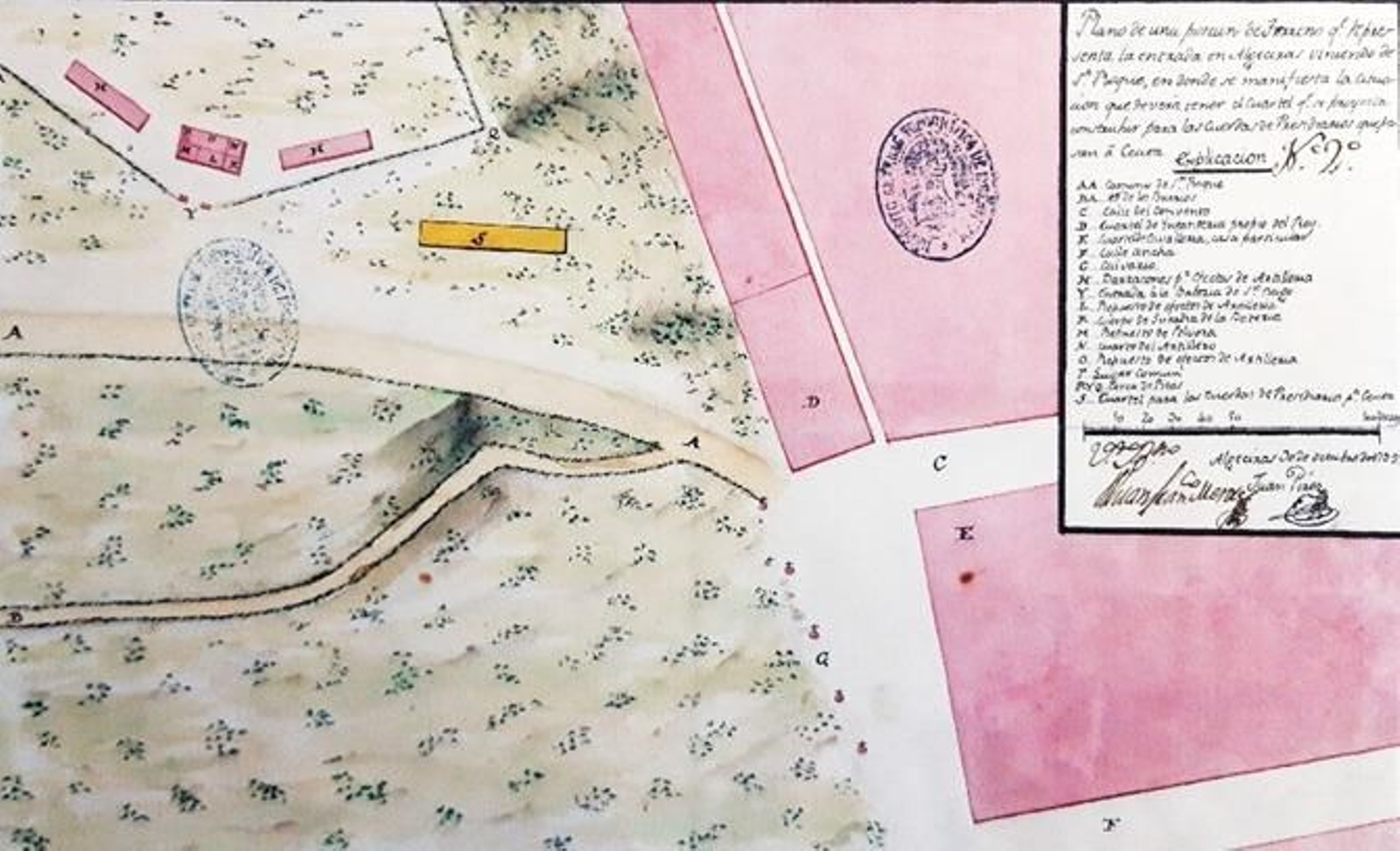 El plano inédito localizado en la cartoteca del Servicio Histórico Militar, y que se analiza en esta y otras entregas de este artículo. Para orientarnos: A la derecha y con las letras C y F, las calles Convento y Ancha. Ante ellas el arranque de la actual avenida de Blas Infante, y a la izquierda el espacio rural donde años más tarde se crearía el Parque María Cristina.